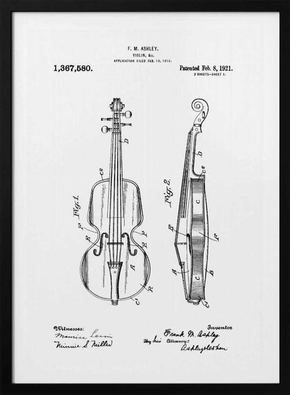 A framed black and white patent illustration for a violin from 1921. The technical drawing shows detailed front and side views of the instrument with labels, signatures, and patent information. Print