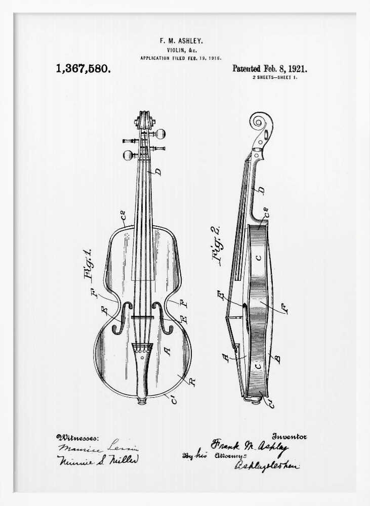 A framed black and white patent illustration for a violin from 1921. The technical drawing shows detailed front and side views of the instrument with labels, signatures, and patent information. Print