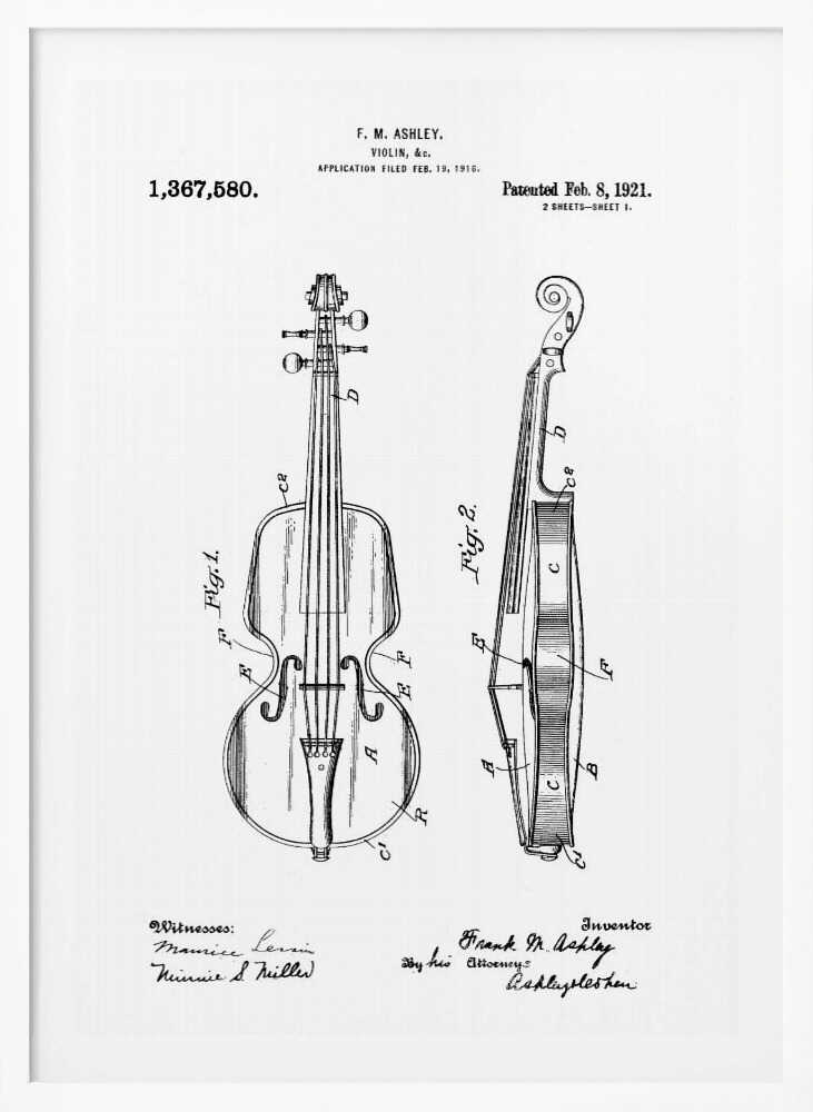 A framed black and white patent illustration for a violin from 1921. The technical drawing shows detailed front and side views of the instrument with labels, signatures, and patent information. Print