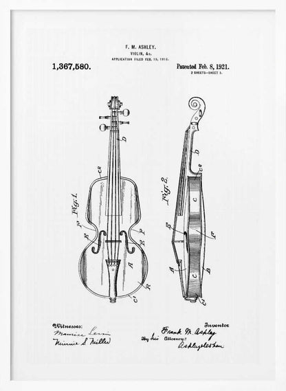 A framed black and white patent illustration for a violin from 1921. The technical drawing shows detailed front and side views of the instrument with labels, signatures, and patent information. Print