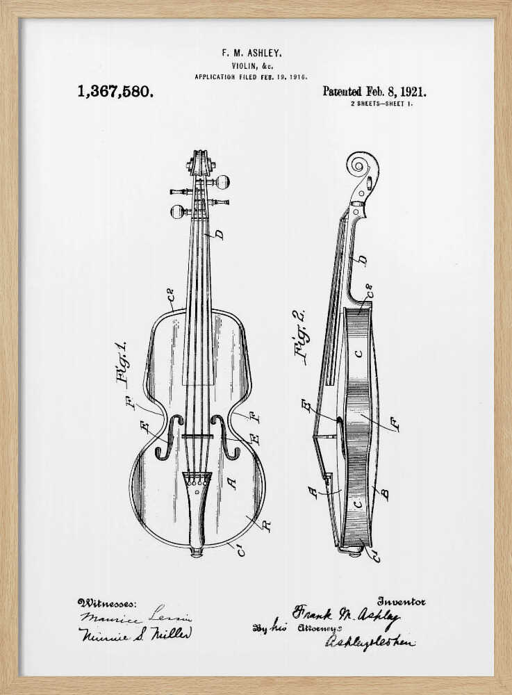 A framed black and white patent illustration for a violin from 1921. The technical drawing shows detailed front and side views of the instrument with labels, signatures, and patent information. Print
