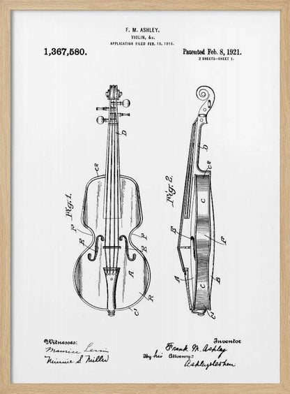 A framed black and white patent illustration for a violin from 1921. The technical drawing shows detailed front and side views of the instrument with labels, signatures, and patent information. Print
