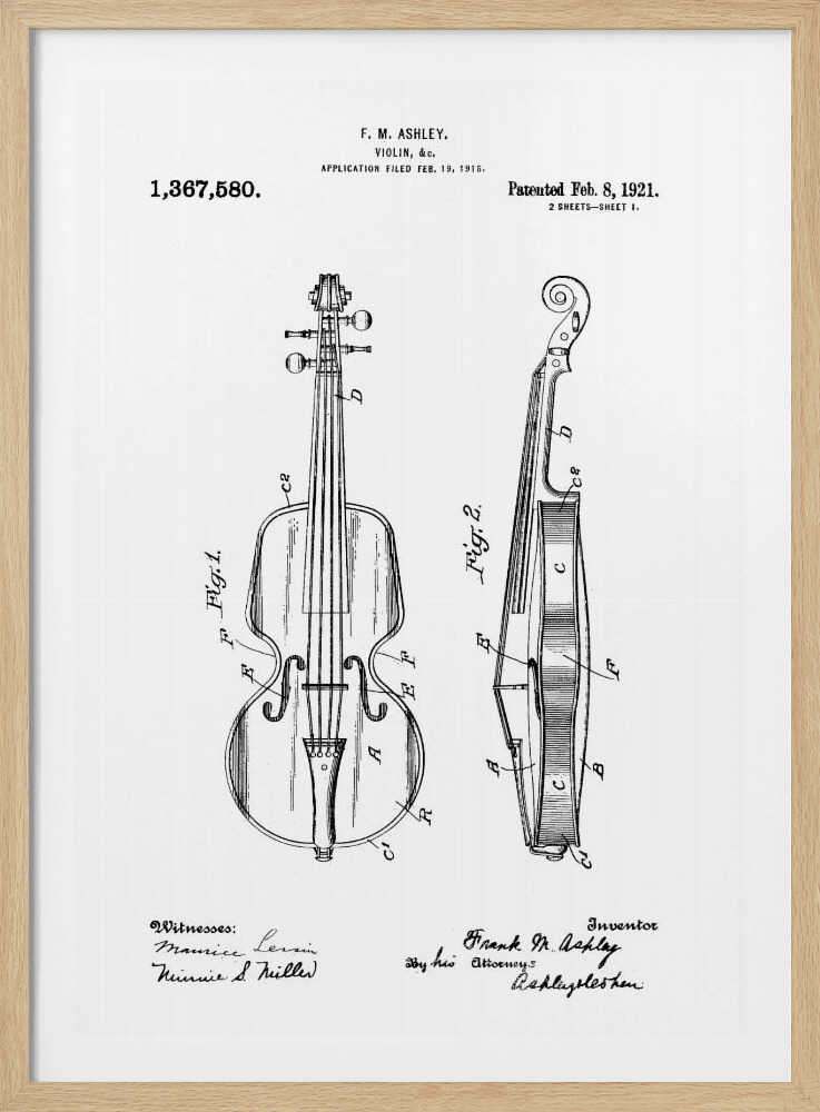 A framed black and white patent illustration for a violin from 1921. The technical drawing shows detailed front and side views of the instrument with labels, signatures, and patent information. Print