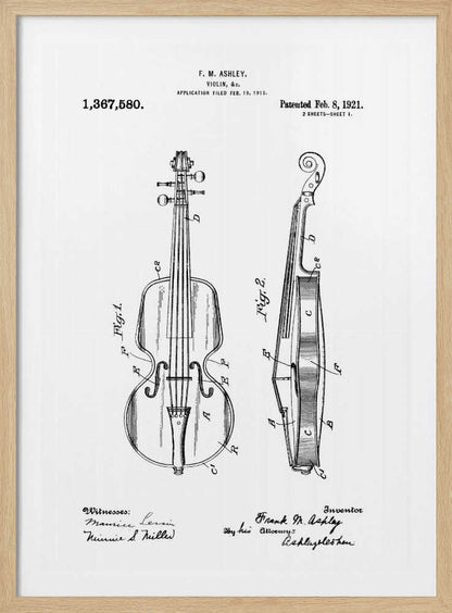 A framed black and white patent illustration for a violin from 1921. The technical drawing shows detailed front and side views of the instrument with labels, signatures, and patent information. Print