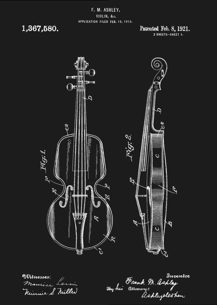 A black and white patent illustration for a violin, dated 1921. The artwork, set against a black background, shows two detailed diagrams: a front view and a side view of the violin, complete with labels and technical drawings. Text at the top and bottom includes the inventor's name, patent number, and dates. Poster