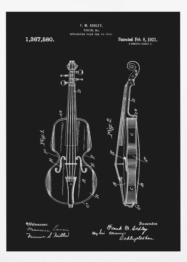 A black and white patent illustration for a violin, dated 1921. The artwork, set against a black background, shows two detailed diagrams: a front view and a side view of the violin, complete with labels and technical drawings. Text at the top and bottom includes the inventor's name, patent number, and dates. Poster