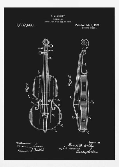 A black and white patent illustration for a violin, dated 1921. The artwork, set against a black background, shows two detailed diagrams: a front view and a side view of the violin, complete with labels and technical drawings. Text at the top and bottom includes the inventor's name, patent number, and dates. Poster
