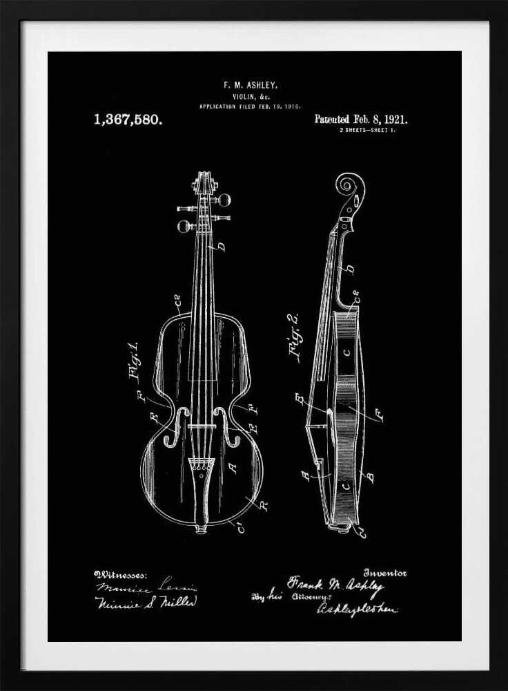 A black and white patent illustration for a violin, dated 1921. The artwork, set against a black background, shows two detailed diagrams: a front view and a side view of the violin, complete with labels and technical drawings. Text at the top and bottom includes the inventor's name, patent number, and dates. Poster