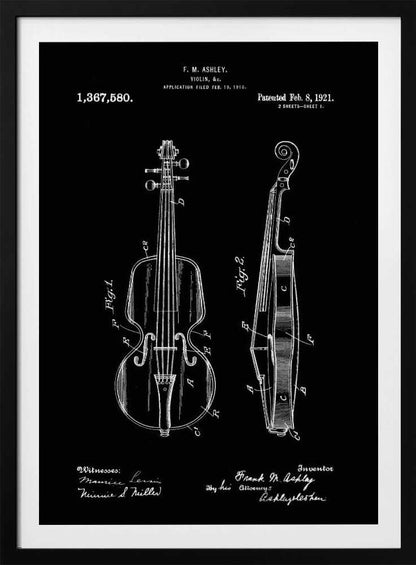 A black and white patent illustration for a violin, dated 1921. The artwork, set against a black background, shows two detailed diagrams: a front view and a side view of the violin, complete with labels and technical drawings. Text at the top and bottom includes the inventor's name, patent number, and dates. Poster