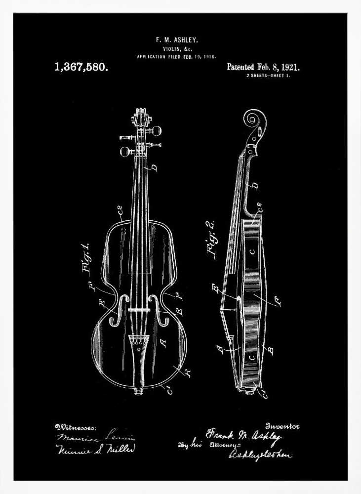 A black and white patent illustration for a violin, dated 1921. The artwork, set against a black background, shows two detailed diagrams: a front view and a side view of the violin, complete with labels and technical drawings. Text at the top and bottom includes the inventor's name, patent number, and dates. Poster