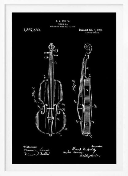 A black and white patent illustration for a violin, dated 1921. The artwork, set against a black background, shows two detailed diagrams: a front view and a side view of the violin, complete with labels and technical drawings. Text at the top and bottom includes the inventor's name, patent number, and dates. Poster