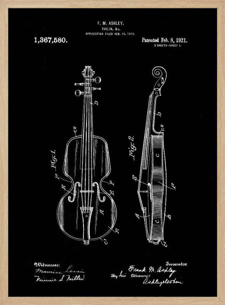 A black and white patent illustration for a violin, dated 1921. The artwork, set against a black background, shows two detailed diagrams: a front view and a side view of the violin, complete with labels and technical drawings. Text at the top and bottom includes the inventor's name, patent number, and dates. Poster