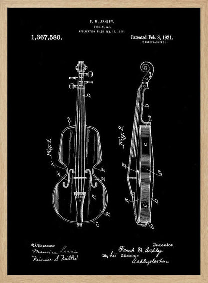 A black and white patent illustration for a violin, dated 1921. The artwork, set against a black background, shows two detailed diagrams: a front view and a side view of the violin, complete with labels and technical drawings. Text at the top and bottom includes the inventor's name, patent number, and dates. Poster