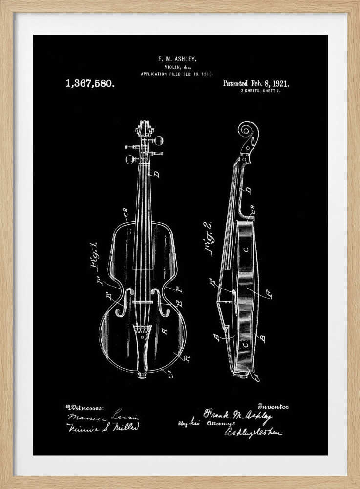 A black and white patent illustration for a violin, dated 1921. The artwork, set against a black background, shows two detailed diagrams: a front view and a side view of the violin, complete with labels and technical drawings. Text at the top and bottom includes the inventor's name, patent number, and dates. Poster