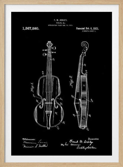 A black and white patent illustration for a violin, dated 1921. The artwork, set against a black background, shows two detailed diagrams: a front view and a side view of the violin, complete with labels and technical drawings. Text at the top and bottom includes the inventor's name, patent number, and dates. Poster
