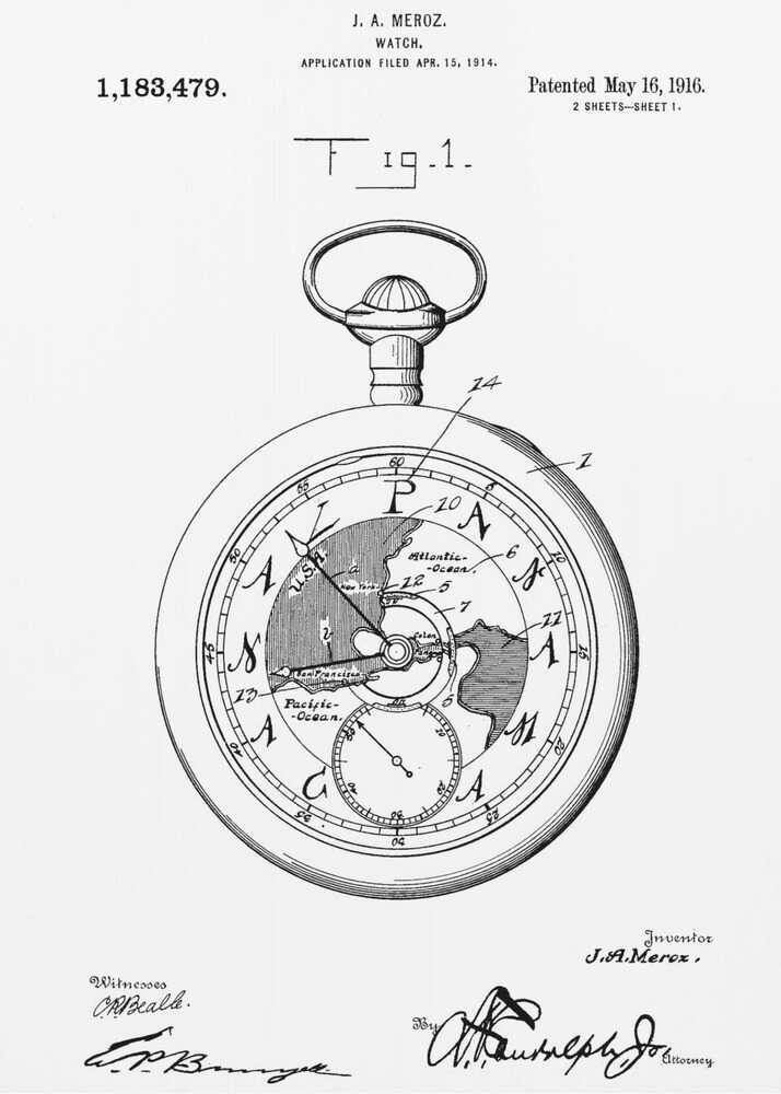 A framed black and white patent illustration for a watch by J.A. Meroz, dated 1916. The detailed drawing shows a pocket watch with a world map on its face, complete with technical labels, patent information, and signatures. Wall Art