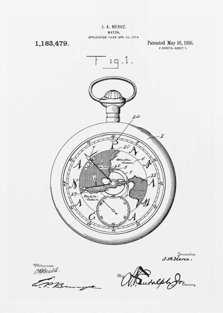 A framed black and white patent illustration for a watch by J.A. Meroz, dated 1916. The detailed drawing shows a pocket watch with a world map on its face, complete with technical labels, patent information, and signatures. Wall Art
