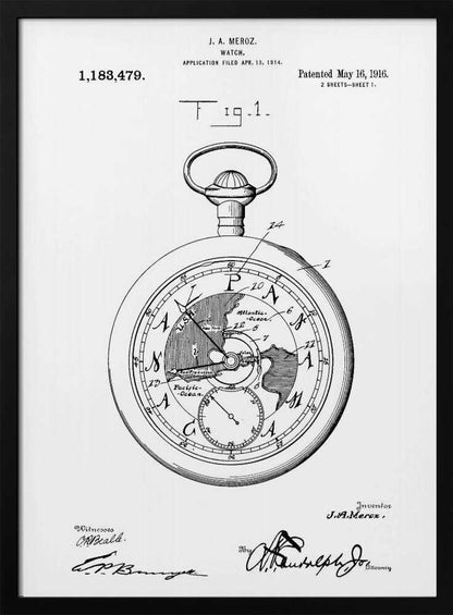 A framed black and white patent illustration for a watch by J.A. Meroz, dated 1916. The detailed drawing shows a pocket watch with a world map on its face, complete with technical labels, patent information, and signatures. Wall Art