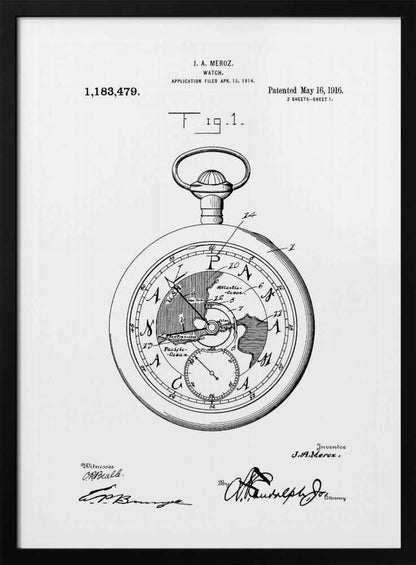 A framed black and white patent illustration for a watch by J.A. Meroz, dated 1916. The detailed drawing shows a pocket watch with a world map on its face, complete with technical labels, patent information, and signatures. Wall Art