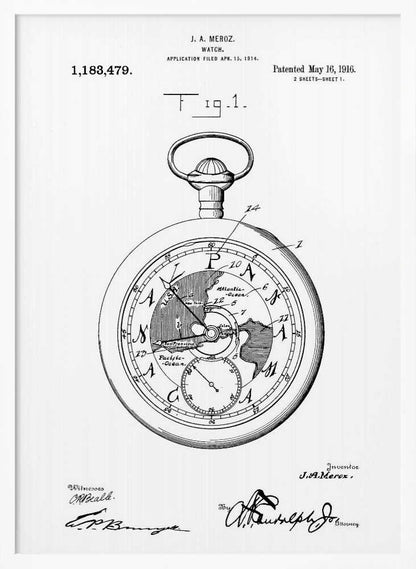A framed black and white patent illustration for a watch by J.A. Meroz, dated 1916. The detailed drawing shows a pocket watch with a world map on its face, complete with technical labels, patent information, and signatures. Wall Art