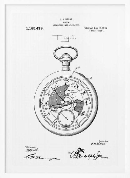 A framed black and white patent illustration for a watch by J.A. Meroz, dated 1916. The detailed drawing shows a pocket watch with a world map on its face, complete with technical labels, patent information, and signatures. Wall Art