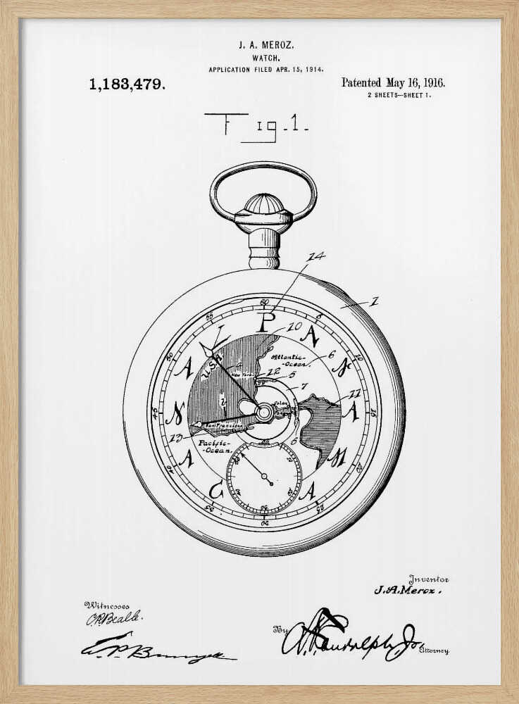 A framed black and white patent illustration for a watch by J.A. Meroz, dated 1916. The detailed drawing shows a pocket watch with a world map on its face, complete with technical labels, patent information, and signatures. Wall Art