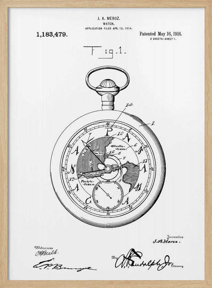 A framed black and white patent illustration for a watch by J.A. Meroz, dated 1916. The detailed drawing shows a pocket watch with a world map on its face, complete with technical labels, patent information, and signatures. Wall Art