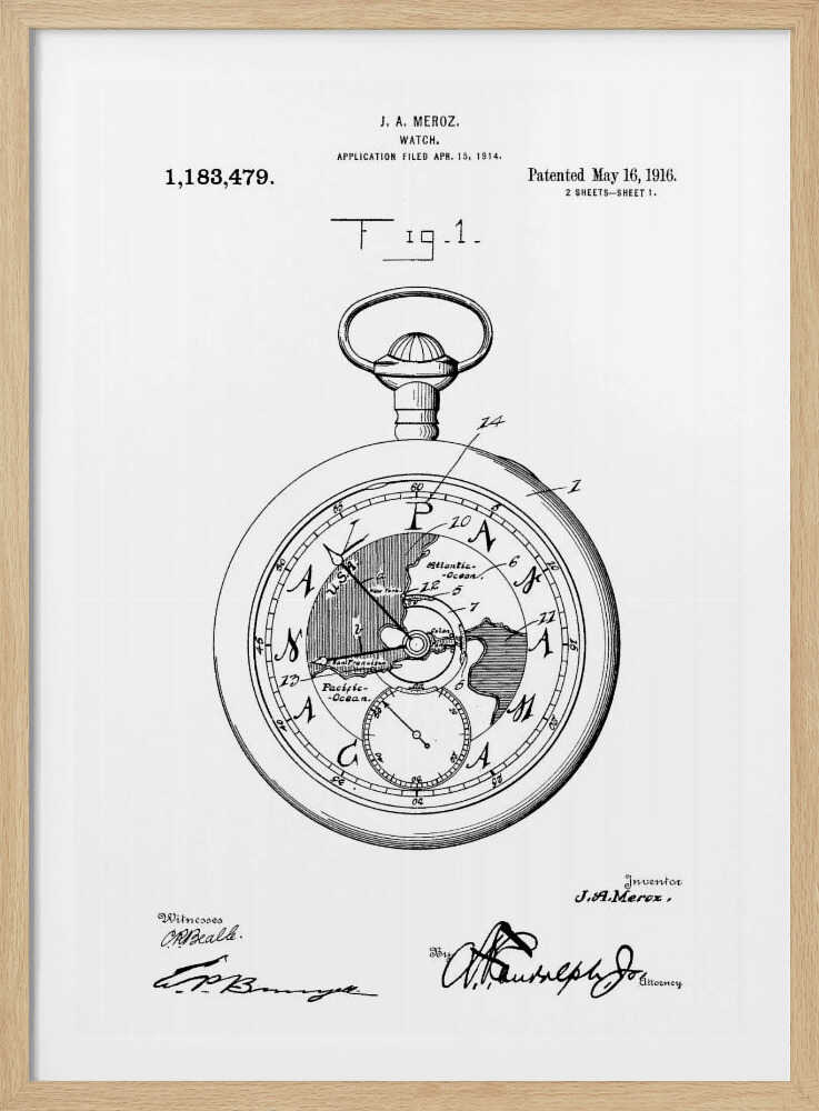 A framed black and white patent illustration for a watch by J.A. Meroz, dated 1916. The detailed drawing shows a pocket watch with a world map on its face, complete with technical labels, patent information, and signatures. Wall Art