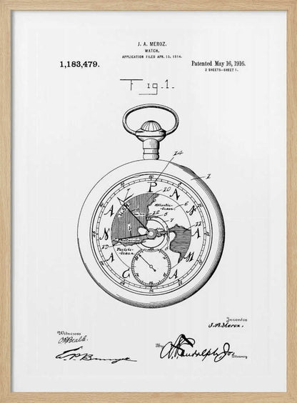 A framed black and white patent illustration for a watch by J.A. Meroz, dated 1916. The detailed drawing shows a pocket watch with a world map on its face, complete with technical labels, patent information, and signatures. Wall Art