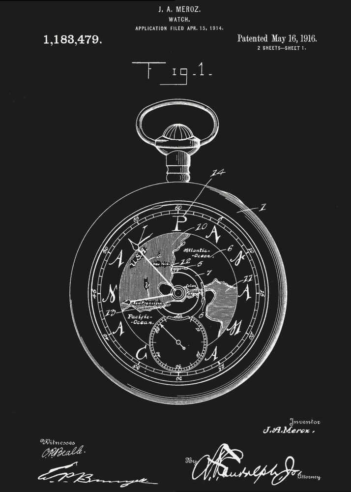A vintage patent illustration for a watch by J. A. Meroz, patented in 1916. The image is a white line drawing on a black background, framed in black, depicting a detailed pocket watch. The watch face shows a map of the world, and the poster includes the patent number, dates, and signatures. Print
