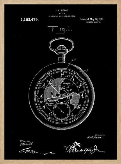 A vintage patent illustration for a watch by J. A. Meroz, patented in 1916. The image is a white line drawing on a black background, framed in black, depicting a detailed pocket watch. The watch face shows a map of the world, and the poster includes the patent number, dates, and signatures. Print