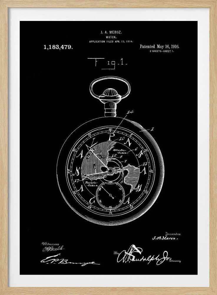 A vintage patent illustration for a watch by J. A. Meroz, patented in 1916. The image is a white line drawing on a black background, framed in black, depicting a detailed pocket watch. The watch face shows a map of the world, and the poster includes the patent number, dates, and signatures. Print
