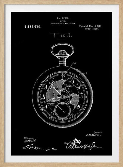 A vintage patent illustration for a watch by J. A. Meroz, patented in 1916. The image is a white line drawing on a black background, framed in black, depicting a detailed pocket watch. The watch face shows a map of the world, and the poster includes the patent number, dates, and signatures. Print