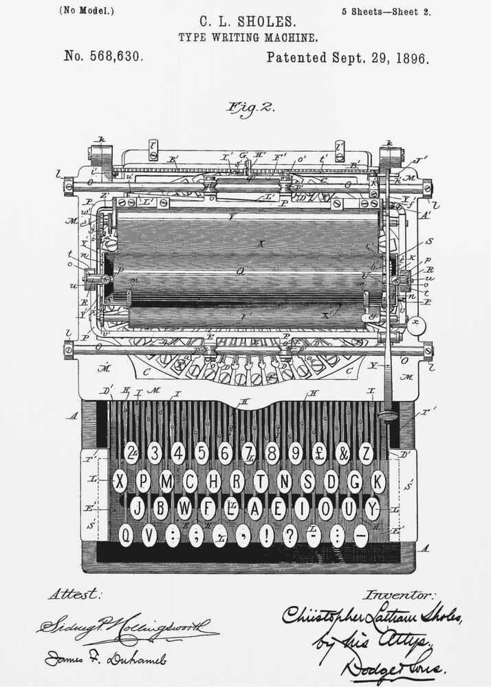 A framed black and white patent illustration of a C. L. Sholes typewriter, patented September 29, 1896. The detailed schematic shows the front view of the machine, including its complex inner workings and an unconventional keyboard layout, with signatures below. Print