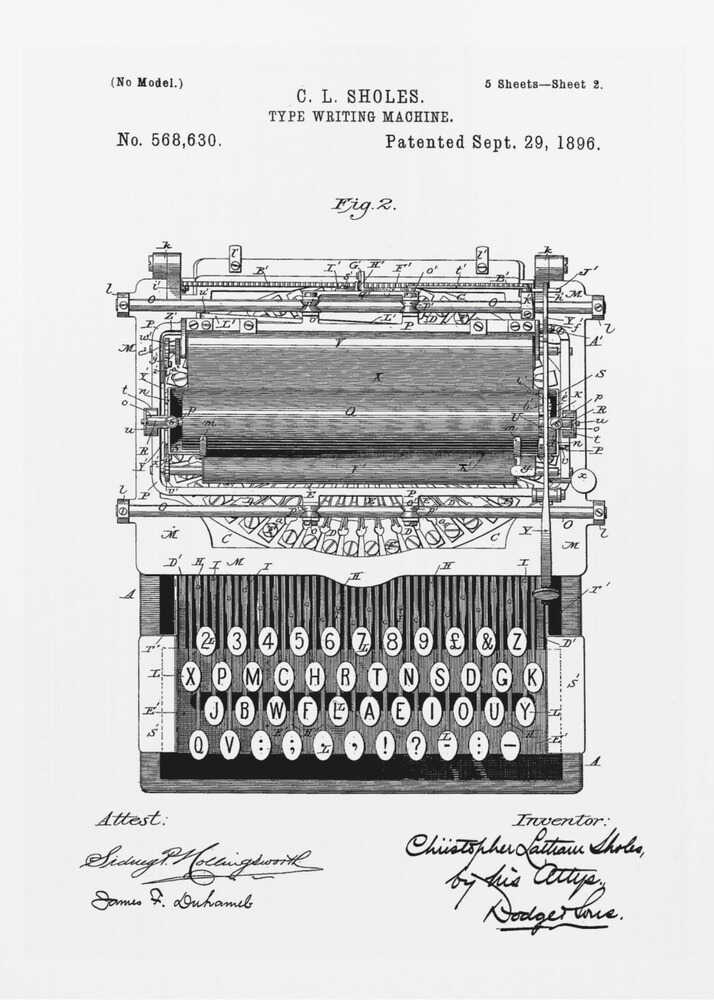 A framed black and white patent illustration of a C. L. Sholes typewriter, patented September 29, 1896. The detailed schematic shows the front view of the machine, including its complex inner workings and an unconventional keyboard layout, with signatures below. Print