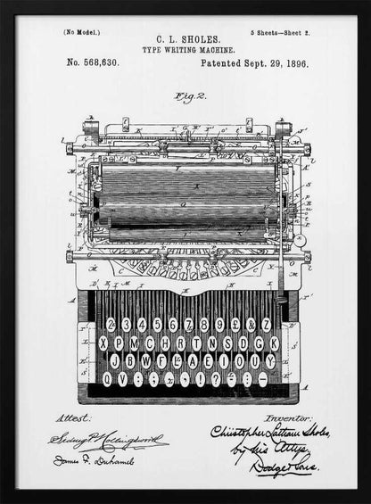 A framed black and white patent illustration of a C. L. Sholes typewriter, patented September 29, 1896. The detailed schematic shows the front view of the machine, including its complex inner workings and an unconventional keyboard layout, with signatures below. Print