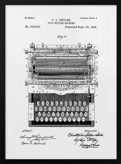 A framed black and white patent illustration of a C. L. Sholes typewriter, patented September 29, 1896. The detailed schematic shows the front view of the machine, including its complex inner workings and an unconventional keyboard layout, with signatures below. Print