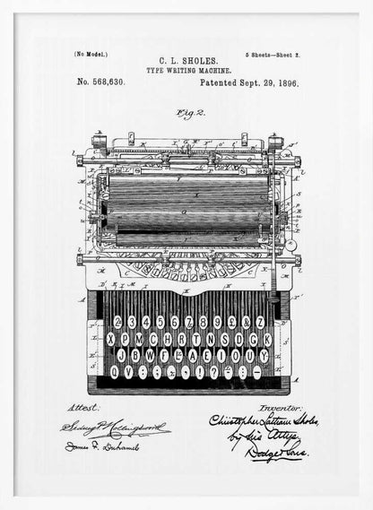 A framed black and white patent illustration of a C. L. Sholes typewriter, patented September 29, 1896. The detailed schematic shows the front view of the machine, including its complex inner workings and an unconventional keyboard layout, with signatures below. Print