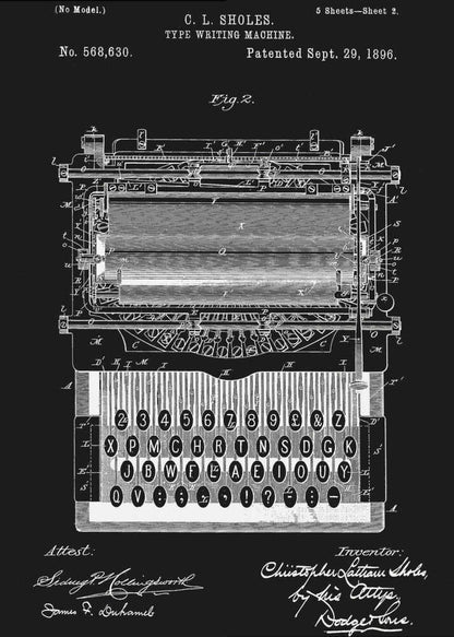 A vintage patent illustration of C. L. Sholes's Type Writing Machine, dated 1896. The detailed schematic is rendered in white lines on a black background, showing the intricate inner workings and keyboard of an early typewriter, framed in black. Print