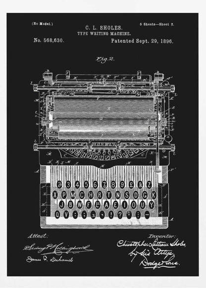 A vintage patent illustration of C. L. Sholes's Type Writing Machine, dated 1896. The detailed schematic is rendered in white lines on a black background, showing the intricate inner workings and keyboard of an early typewriter, framed in black. Print