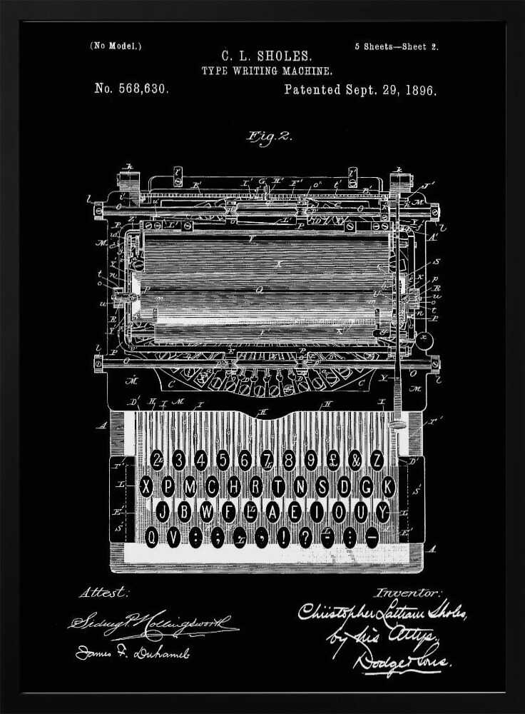 A vintage patent illustration of C. L. Sholes's Type Writing Machine, dated 1896. The detailed schematic is rendered in white lines on a black background, showing the intricate inner workings and keyboard of an early typewriter, framed in black. Print
