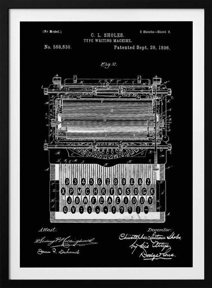 A vintage patent illustration of C. L. Sholes's Type Writing Machine, dated 1896. The detailed schematic is rendered in white lines on a black background, showing the intricate inner workings and keyboard of an early typewriter, framed in black. Print