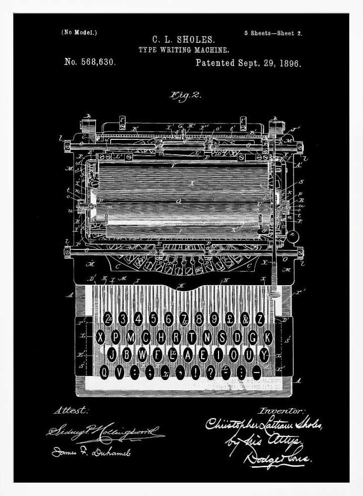 A vintage patent illustration of C. L. Sholes's Type Writing Machine, dated 1896. The detailed schematic is rendered in white lines on a black background, showing the intricate inner workings and keyboard of an early typewriter, framed in black. Print