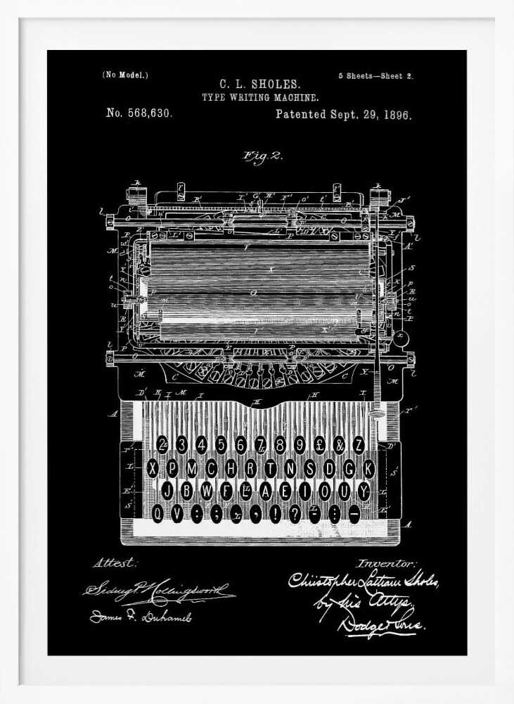 A vintage patent illustration of C. L. Sholes's Type Writing Machine, dated 1896. The detailed schematic is rendered in white lines on a black background, showing the intricate inner workings and keyboard of an early typewriter, framed in black. Print