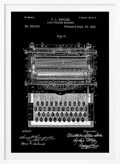 A vintage patent illustration of C. L. Sholes's Type Writing Machine, dated 1896. The detailed schematic is rendered in white lines on a black background, showing the intricate inner workings and keyboard of an early typewriter, framed in black. Print