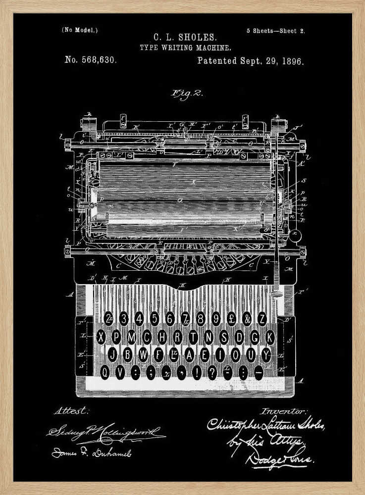 A vintage patent illustration of C. L. Sholes's Type Writing Machine, dated 1896. The detailed schematic is rendered in white lines on a black background, showing the intricate inner workings and keyboard of an early typewriter, framed in black. Print