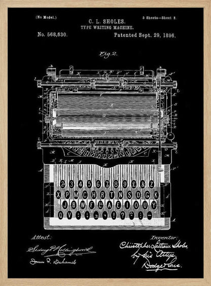 A vintage patent illustration of C. L. Sholes's Type Writing Machine, dated 1896. The detailed schematic is rendered in white lines on a black background, showing the intricate inner workings and keyboard of an early typewriter, framed in black. Print