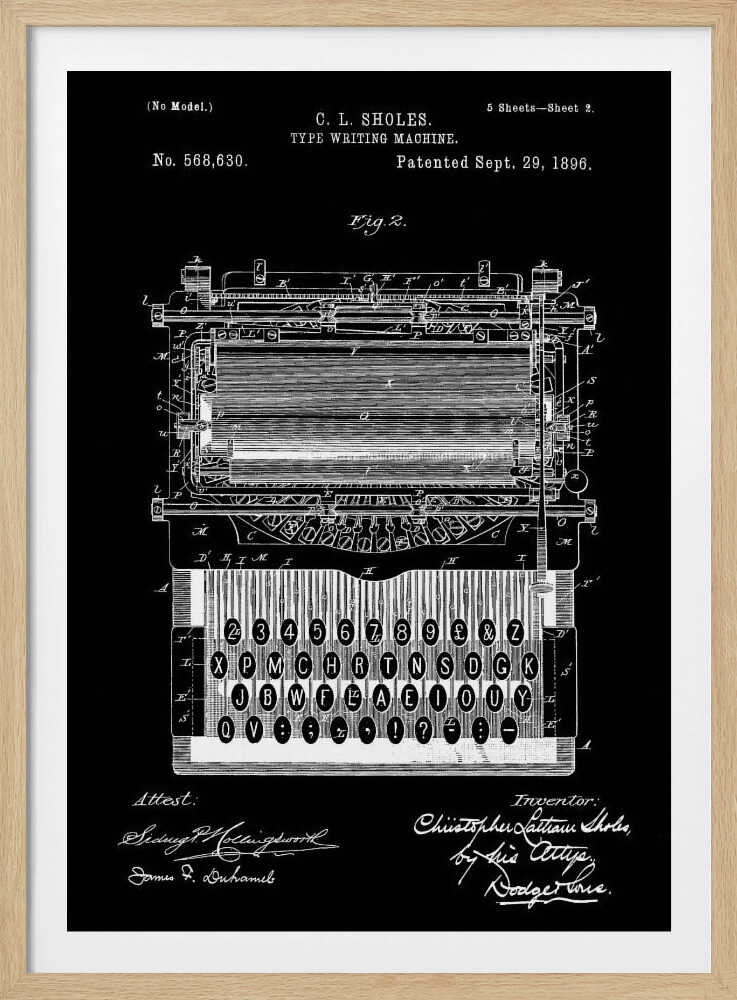 A vintage patent illustration of C. L. Sholes's Type Writing Machine, dated 1896. The detailed schematic is rendered in white lines on a black background, showing the intricate inner workings and keyboard of an early typewriter, framed in black. Print