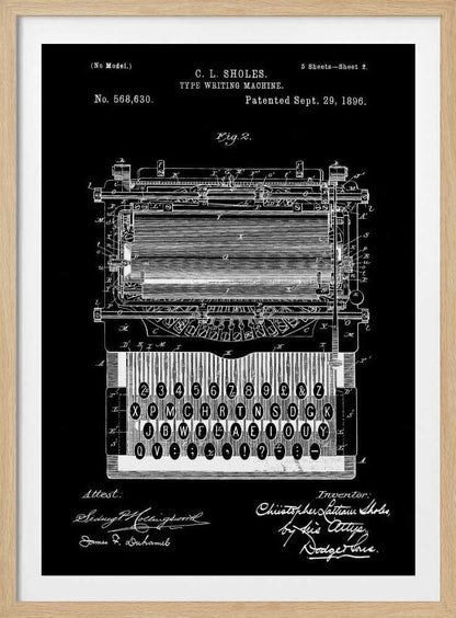 A vintage patent illustration of C. L. Sholes's Type Writing Machine, dated 1896. The detailed schematic is rendered in white lines on a black background, showing the intricate inner workings and keyboard of an early typewriter, framed in black. Print