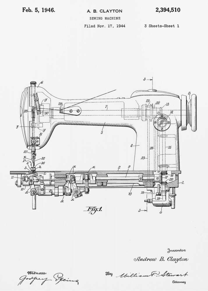 A framed, black and white patent illustration of a sewing machine, dated February 5, 1946. The technical drawing shows a detailed side-view and cross-section of the machine, with various parts numbered. Text at the top identifies the inventor, A. B. Clayton, the patent number 2,394,510, and the filing date. Signatures of the inventor and witnesses are visible at the bottom. Artwork